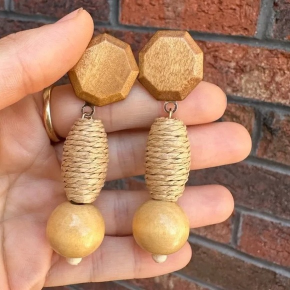 Anthropologie Boho Wooden Ethnic Drop Earrings - Picture 2 of 4
